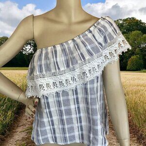 Angie Womens Gray Plaid One Shoulder Blouse Crochet Trim Size S New with Tags